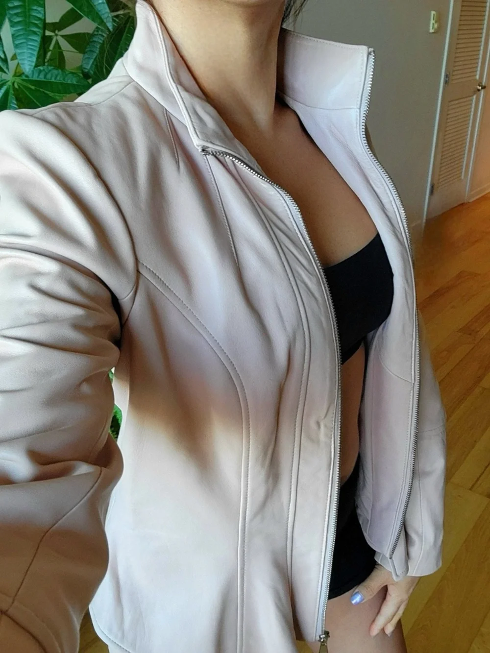 bebe Ivory/blush pink Long Sleeve Leather Zip Jacket. Sz M